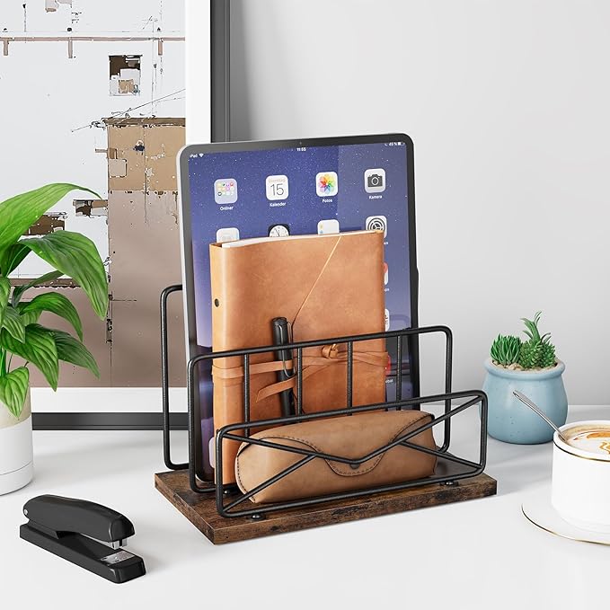 Desk Mail Organizer-with 2 Slot Matte Black Metal Desktop Mail Sorter Metal Storage File Holder Letter Sorter Organizer for Home or Office Desktop