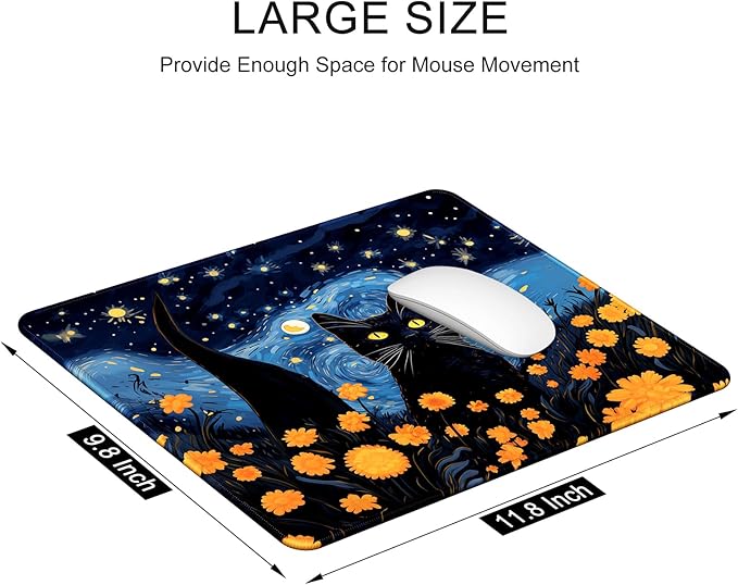 Auhoahsil Mouse Pad, 12 x 10 in Van Gogh Style Cat Theme Computer Mouse Pad for Desk, Premium-Textured Non-Slip Rubber Stitched Edges Waterproof Square Mouse Mat for Gaming Work Wireless Mice
