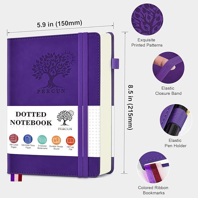 PERCUN Dotted Journal Notebook for Men & Women, 160 Pages Dot Grid notebook for Note Taking, Bullet Journaling Notebook for Work, School, Travel, Writing, A5 Hardcover 5.9" x 8.5"(Purple)