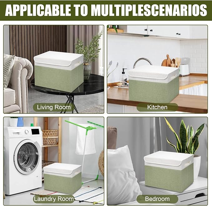 Large 17" 42 Quarts Collapsible Stackable Storage Bins with Lids [3-Pack] Foldable Fabric Linen Storage Boxes Cube, Closet Organizer Baskets with Label for Home (16.7 x 12 x 12", Green & White)