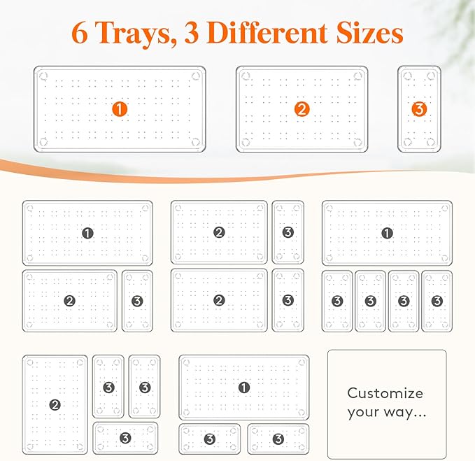 Lifewit 6 Pcs Large Bathroom Drawer Organizers, 3 Sizes Clear Plastic Storage Organizer Trays for Make Up, Kitchen Utensils, Vanity Accessories in Bathroom/Office/Dresser Organization