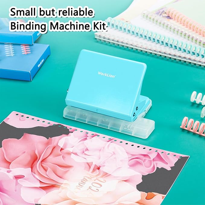 Worklion Binding Machine for Planner: Small Bookbinding Machine with Multicolor Loose Leaf Binder Rings for Making 26 Holes/B5 Paper, 30 Holes/A4, 20 Holes/A5 Book, 29 Holes/Letter Size, Blue