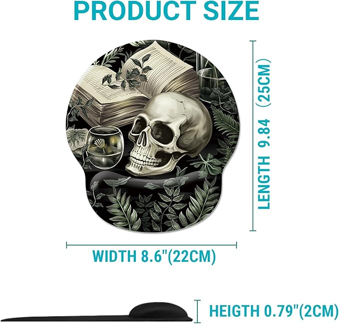 Goth Funny Skull Plant Mouse Pad with Wrist Rest, Gothic Book Leaves Ergonomic Mouse Pads, Computer Mousepad with Non-Slip Base, Cute Mouse Pad for Desk Accessories Office Decor Supplies