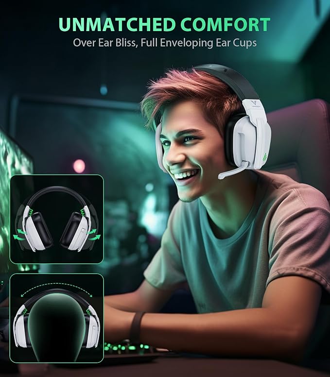 Wireless Gaming Headset for PS5, PC, PS4, Switch, Mac, 2.4GHz Low-Latency & Bluetooth 5.3 Headphones with Noise Canceling Mic, Stereo Sound, 50Hr Long Lasting Battery (White)