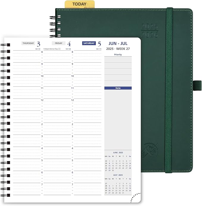 POPRUN 2025-2026 Weekly Planner 7.25'' x 8.25''Academic Spiral Appointment Book (July 2025-June 2026) with Quarter-Hourly Schedule, Monthly Tabs, Leather Softcover, Inner Pocket - Forest Green