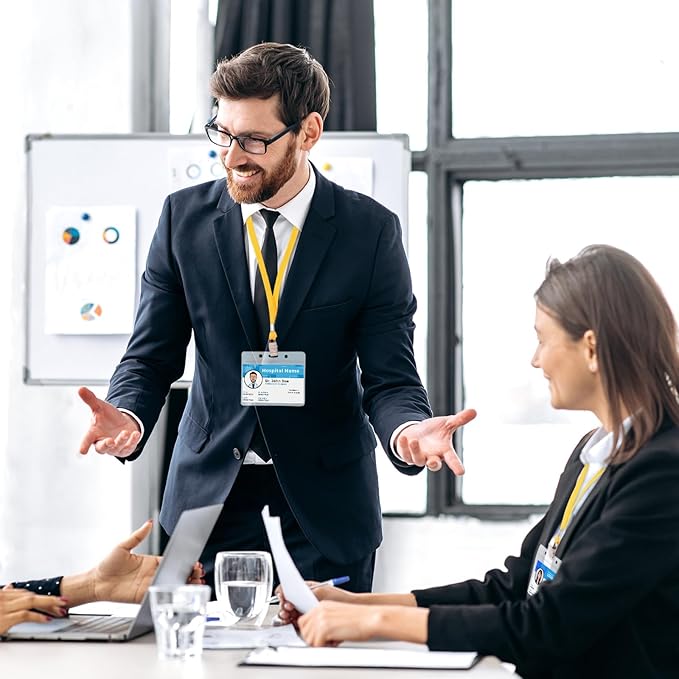 Marspark 100 Sets Clear Name Tags with Lanyard, Lanyards for ID Badges Reusable Strap with ID Holder Plastic Name Badges for Adults Business School Church Conference (Yellow)