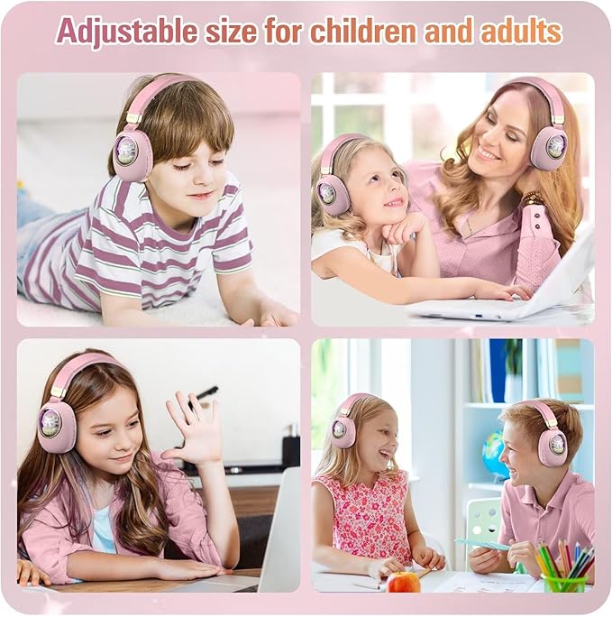 Girls Kids Headphones Wired - Pink Noise Cancelling Wireless Headphones for Kids for School - Over Ear Light Up Foldable Cat Bluetooth Gaming Headset with Microphone for iPad Kindle Tablet PC Travel