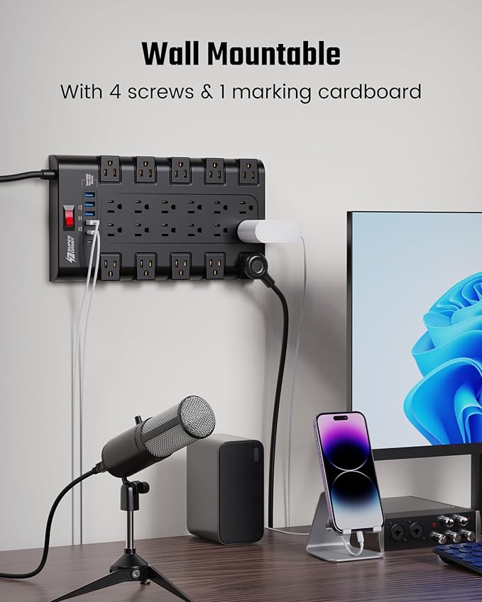 Surge Protector Power Strip, SUPERDANNY Charging Station 22 Outlets with 45W Type-C Fast Charging USB Ports, 4 USB-A, 2 USB-C, 2100J, 15A/1875W, 6.5Ft Flat Plug Extension Cord for Home Streaming Black