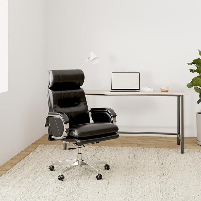 Genuine Leather Modern Executive Chair High-Back Support 90 to 150 Degrees Tilt and Upholstered Home Desk Chair with Base 360LB Capacity Swivel Computer Office Chair (Black)