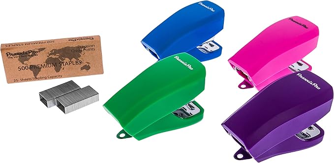 Aria Premium Back to School Mini Stapler Set of 4 - with Built-in Staple Removers, 2000 Standard Staples Included - for Office, School,Travel, Blue, Pink, Purple, Green,