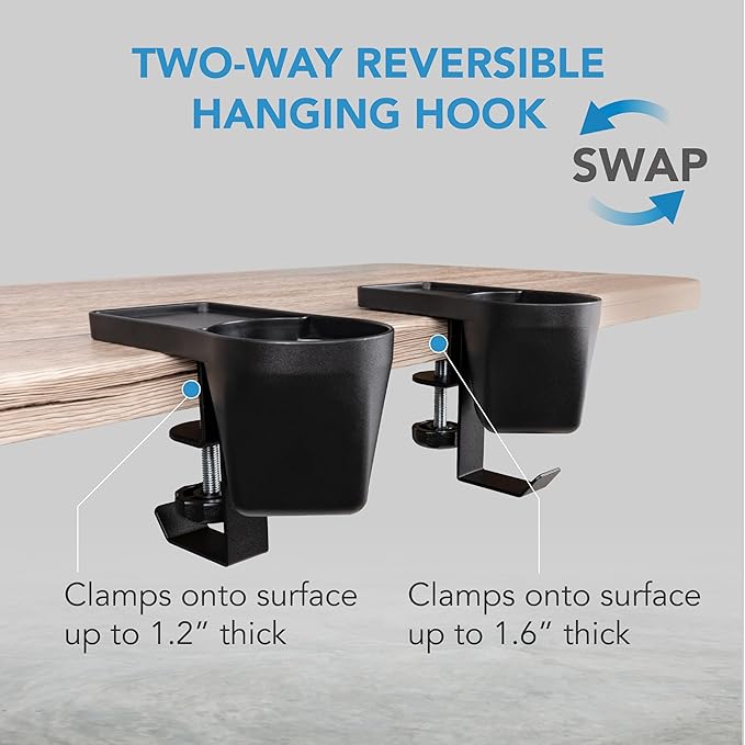 EHO Clamp-On Desk Pen and Cup Holder, 3-in-1 Stationery Organizer with Pencil and Accessory Storage, Reversible Hanging Hook, Space-Saving Desk Clamp Organizer, TAA-Compliant