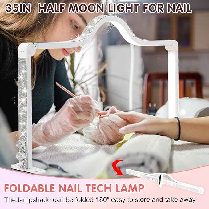 Half Moon Foldable LED Nail Tech Lamp for Desk, 35inch Adjustable 3000K-6000K Dimmable Manicure Table Lamp with Phone Holder (White)