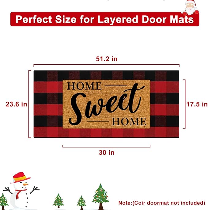 OJIA Christmas Front Door Mat 24"x51", Red Plaid Front Porch Rug Machine Washable Rugs for Kitchen Entryway Doormat Indoor Outdoor Layered Door Mats Farmhouse Throw Rug for Bathroom/Bedroom