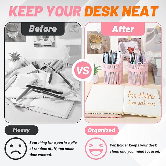 Segarty Pen Cup Holder for Desk, 3 Pack Pink Pencil Holder, 3.9 x 4.2 inch Large Metal Mesh Pen Container Set Desktop Accessories Organizer for Office Supply, School Classroom, Makeup Brush