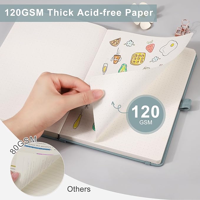 EMSHOI Dotted Notebook - 256 Pages A5 Dotted Grid Journal Notebook,120gsm Thick Paper,16 Perforated Pages, Smooth PU Leather, Inner Pocket,5.75'' × 8.38''-GrayBlue