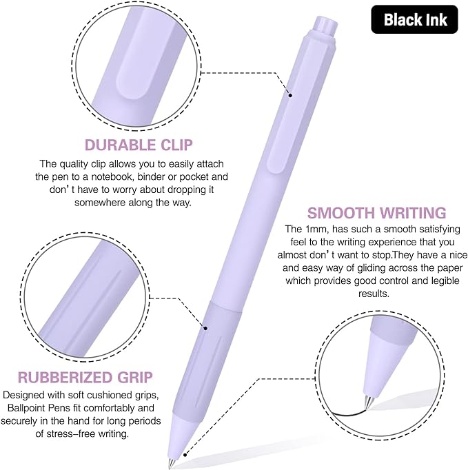 14-Pack Pastel Ballpoint Pens, Medium 1.0mm Black Ink, Retractable - For Smooth Writing and Journaling