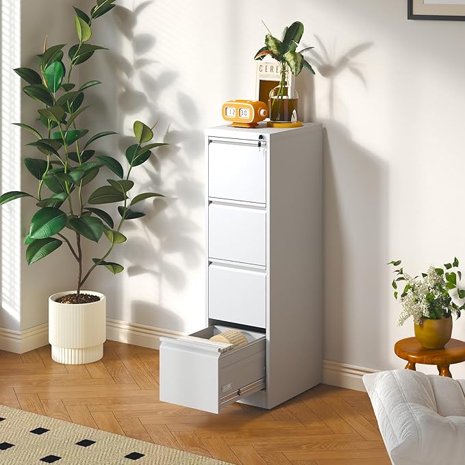 4 Drawer File Cabinet, Metal Vertical Filing Cabinet for Home Office, Locking Steel Easy Assemble 18" D File Cabinets for Legal/Letter/A4/F4 (White)