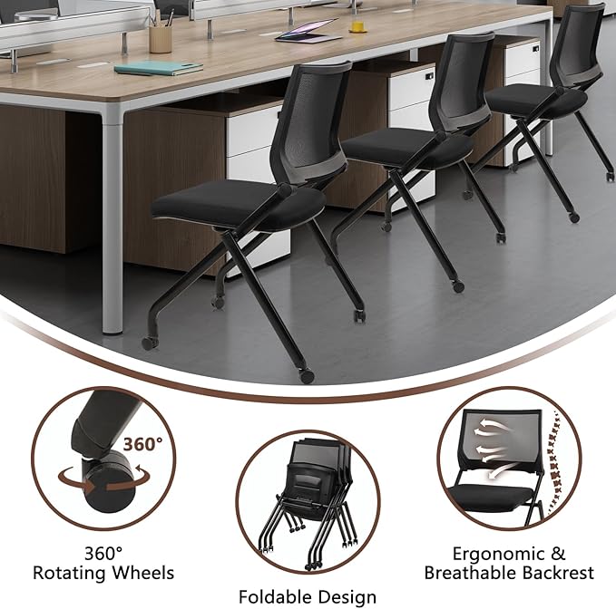 CLATINA Stackable & Foldable Conference Room Chairs, Waiting Room Chairs with Wheels & Lumbar Support, Ergonomic Mesh Bouncing Back Folding Chair for Office Meeting Schools Training Room, Black 10pk