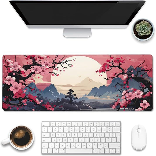 Pink Cherry Blossom Tree Desk Pad, Mountains and Sun Large Gaming Mouse Mat, Extended Big Computer Keyboard Pad With Non-Slip Base and Stitched Edge, 31.5"x11.8"