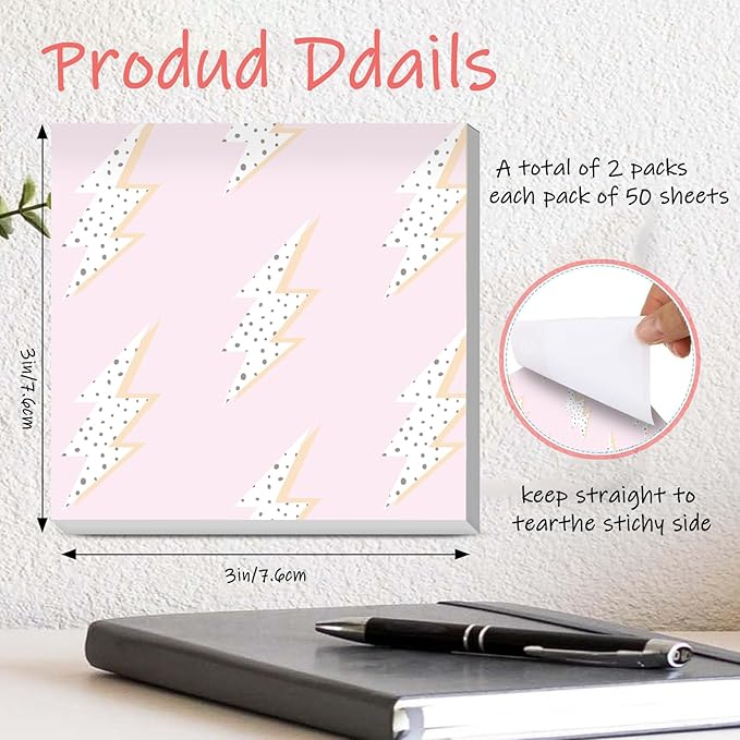Sticky Notes 3x3 Inches, 2 Pads Cute Colorful Self-Stick Note Pads, Easy to Post for Home, Office and Daily Life Organization Cute Pink Bolt