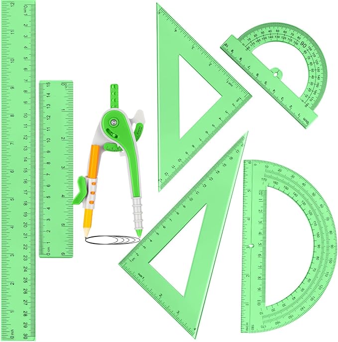 Zonon 1 Set Plastic Geometry Math Set 7 Pcs Includes 6'' / 4 '' Protractor, Drawing Compass, 45/60 Degree Triangle Rulers, 12'' / 6'' Math Ruler Transparent for Office Supplies(Green)