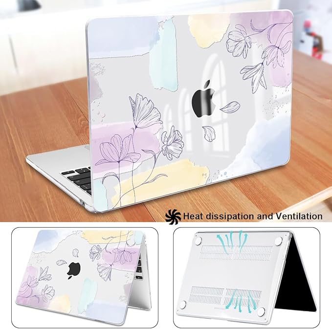 for MacBook Air 13.6 inch Case 2025 M4 A3240 2024 M3 A3113 2022 2023 A2681 M2 Chip, Crystal Plastic Pattern Hard Shell Case Cover for Mac Air 13.6 M4 2025 Touch ID, Watercolor Line Flowers