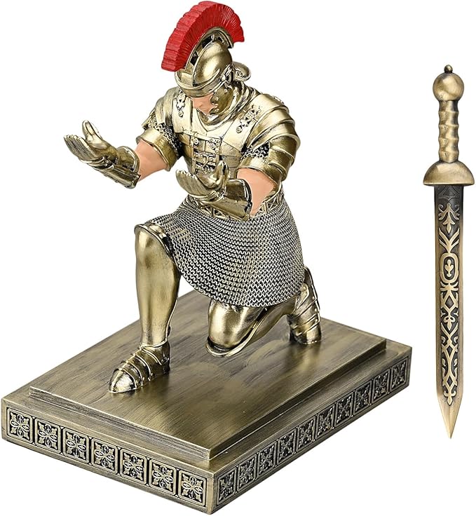 Roman Praetorian Warrior Knight Pen Holder Desk Ornament Resin Pencil Holder Desk Accessories and Organizer for Office with a Letter Opener (Bronze)
