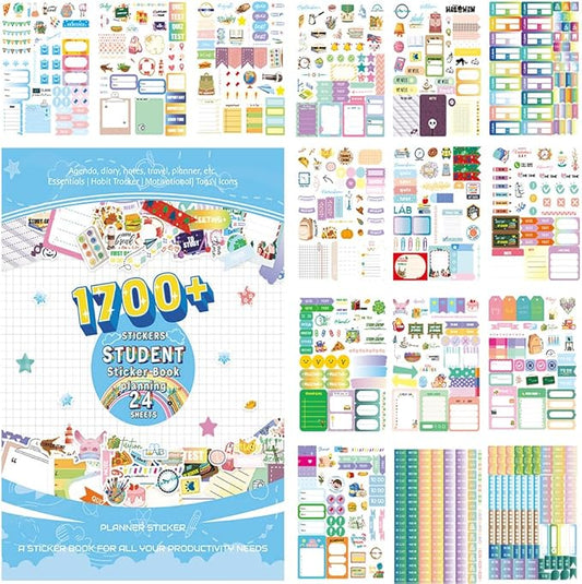 1700+ Planner Stickers Book, 24 Sheets Waterproof Repositionable Stickers for Journal, Bullet Planner, Scrapbook & Calendar, Functional Decorative Sticker Set & Gift (Student Theme)