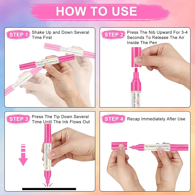 Paint Markers Paint Pens - 2 Pack Dual Tip Acrylic Permanent Marker (0.7mm & 3mm), Non-Toxic, Water-Based for Art Painting, Stone, Ceramic, Glass, Wood, Fabric, Metal, DIY Crafts (Pink)