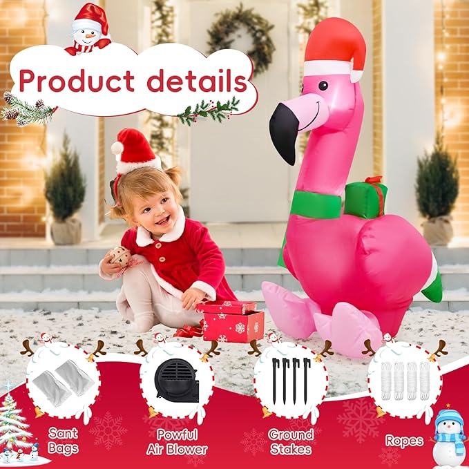 4FT Christmas Inflatable Flamingo Blow up Christmas Decoration Built-in LEDs Indoor Outdoor Yard Graden Party Holiday Decor