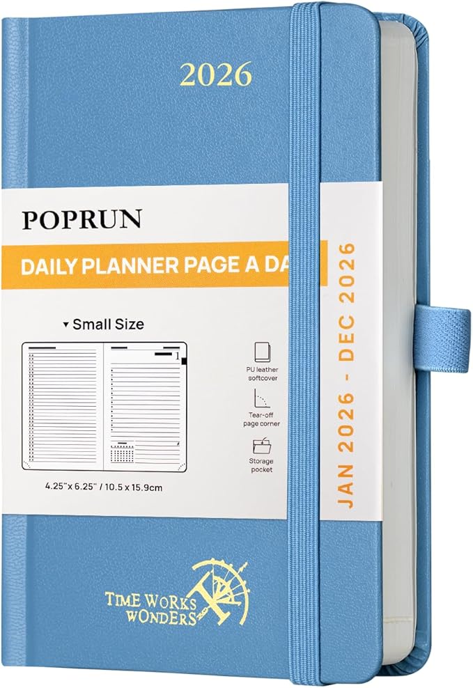POPRUN 2026 Daily Planner One Page Per Day A6 Size Calendar (4.25" x 6.25") - 12 Months Hourly Appointment Book with Hardcover, Monthly Tabs, Pocket, Pen Holder - Haze Blue