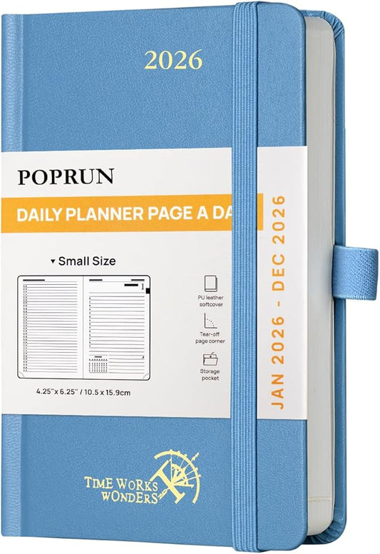 POPRUN 2026 Daily Planner One Page Per Day A6 Size Calendar (4.25" x 6.25") - 12 Months Hourly Appointment Book with Hardcover, Monthly Tabs, Pocket, Pen Holder - Haze Blue