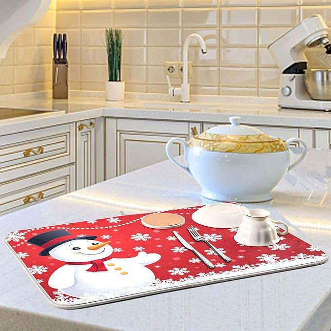 Christmas Snowflakes Snowman Dish Drying Mat 18 X 24 Inch Xmas Snowmen Winter Santa Stars Dry Dishes Pads Tableware Mats Protector for Kitchen Countertops Counter Home Decorations