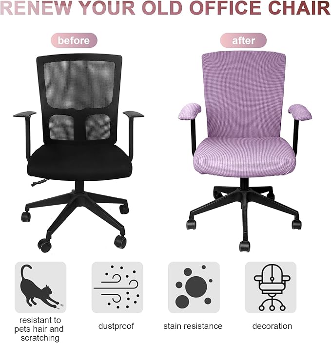Tallew 4 Pcs Office Chair Covers Set Computer Universal Protective Stretchable Chair Seat Covers Desk Armrest Slipcovers Pads Office Cushion Backrest for Rotating(Lilac Purple)