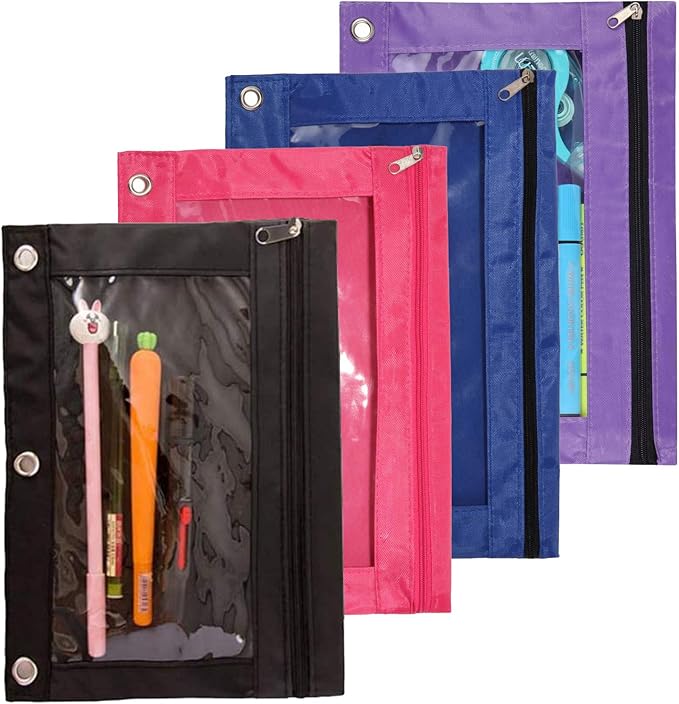 Zippered Pen Pencil Case Binder Pouch 3 Rings 4 Pack (Multicolor)