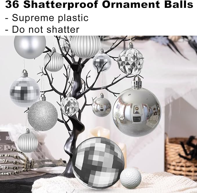 Silver Christmas Ornaments - Christmas Tree Decorations Shatterproof Hanging Balls for Birthday Wedding Holiday Decor Set of 36pcs, Multi-Sizes(1.6",2.5",3.2")