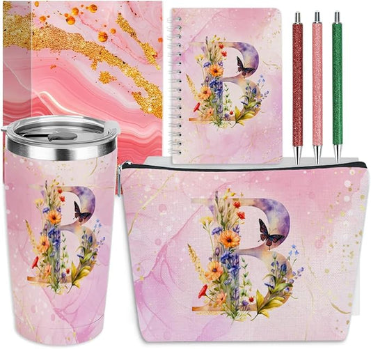 Personalized Gifts Monogrammed Birthday Gifts for Women, Cowerker Mom Boss Day Christmas Initial 20 oz Tumbler, Makeup Bag Cup Ballpoint Pens Journal Notebook 6 Set, (Aesthetic Pink Flower B)