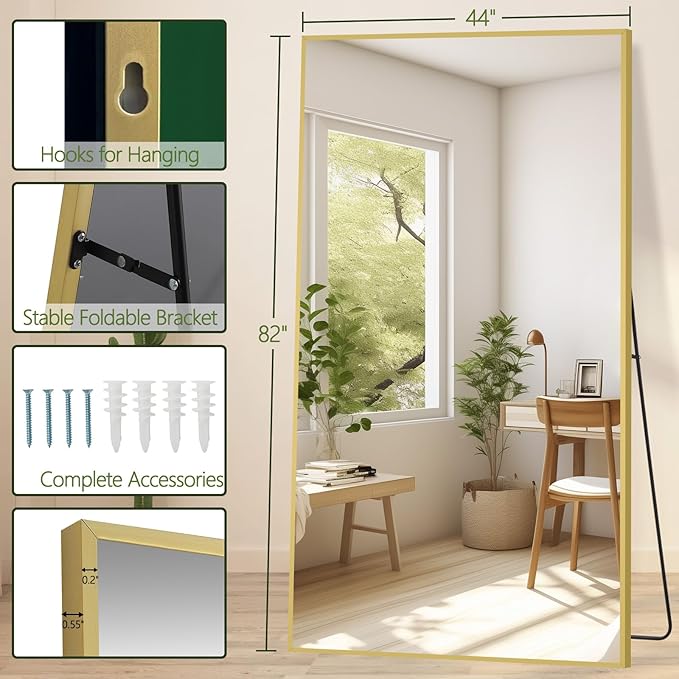 MELOMOIR 82"x44" Oversized Floor Mirror Freestanding, Oversized Mirror Full Length for Bedroom Living Room Dressing Room Gym Yoga Hair Salon, Gold Mirror Full Length with Shatterproof Tempered Glass