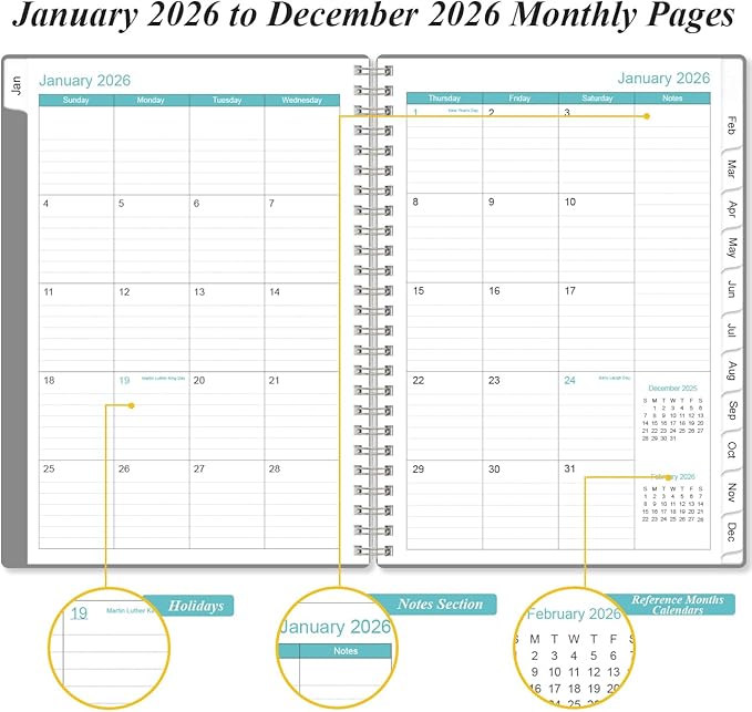 2026 Planner - Weekly and Monthly Calendar Planner from Jan 2026 - Dec 2026, Planner 2026 Spiral Bound with 12 Monthly Tabs, Inner Pocket, Perfect for School Office Supplies, 6.4" x 8.5", Grey-C