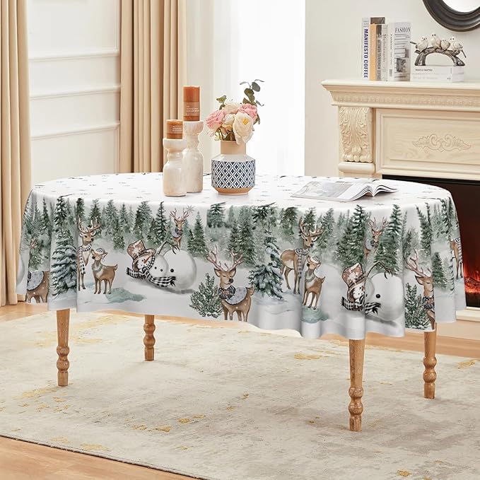 Horaldaily Christmas Tablecloth 60×84 Inch Oval, Deers Snowman Trees White Washable Table Cover for Party Picnic Dinner Decor