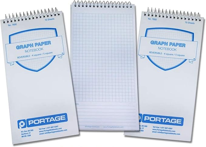 Portage Graph Paper Notebook – Top Bound Spiral Grid Notepad, Small Graph Notebook Writing Pad, Grid Paper, Reversible 4 Square / 5 Square with Notes Template, Extra Thick Cover For Extra Stability –
