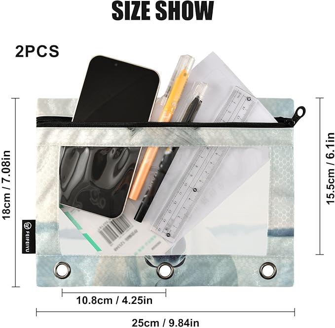 White Horse Looking Pencil Pouch for 3 Ring Binder, 2 Pack Waterproof Pencil Bags Clear Window Zipper School Office Supplies