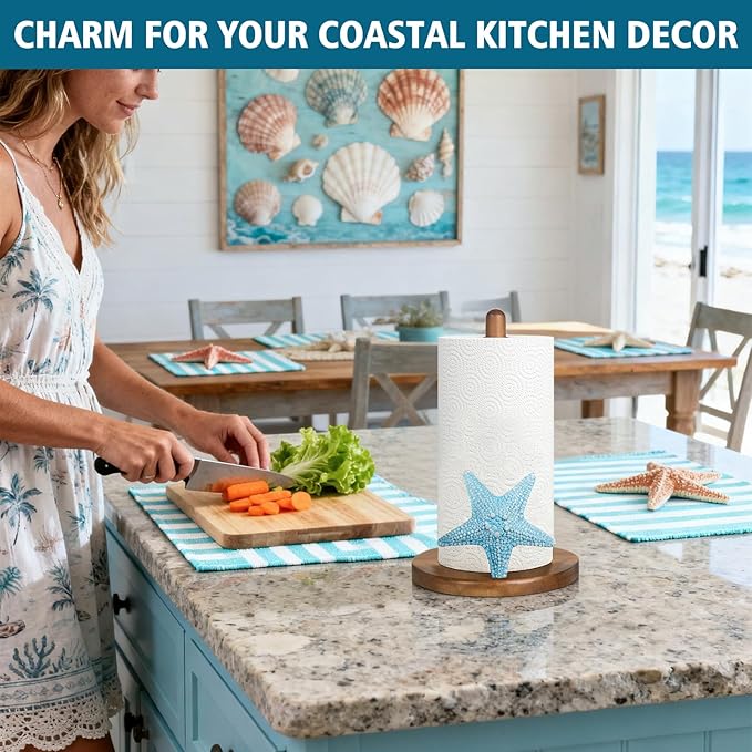 Starfish Ocean Decor for Kitchen & Bathroom, 3D Starfish Gifts for Women, Cute Wooden Paper Towel Holder, Kitchen Accessories, Housewarming Gifts