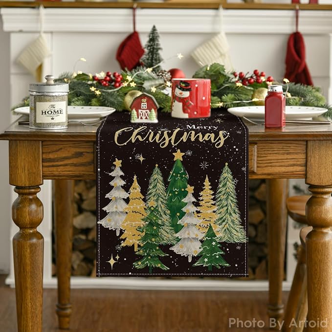 Artoid Mode Xmas Trees Black Merry Christmas Table Runner, Seasonal Winter Kitchen Dining Table Decoration for Home Party Decor 13x36 Inch