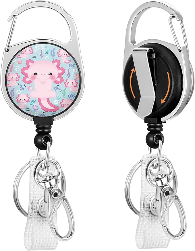Gctriki Axolotl Badge Reel Retractable Heavy Duty with 360° Swivel Carabiner Clip, Work ID Badge Holder Retractable Clip, Students Nurse Teacher ID Card Holder Cute Women Badge Keychain Accessories