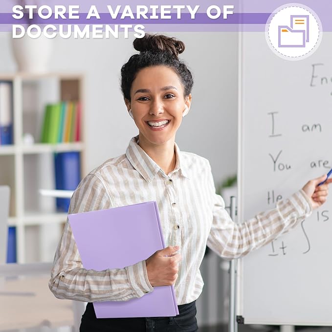 Henoyso 48 Pcs Plastic Folder with Clear Front Pocket and 3 Prongs Heavy Duty Plastic Folders with Card Slot Pocket Folders with Prongs for School Office Home(Light Purple)
