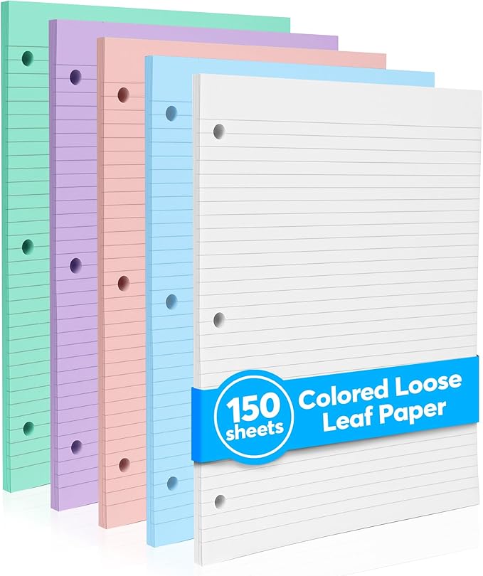 Colored Notebook Paper – 8.5 x 11, 150 Sheets – Thick 80 gsm College Ruled Colorful Loose Leaf Filler Paper – 3-Hole Punched Binder Papers for School, Office, and Journaling (Pastel)