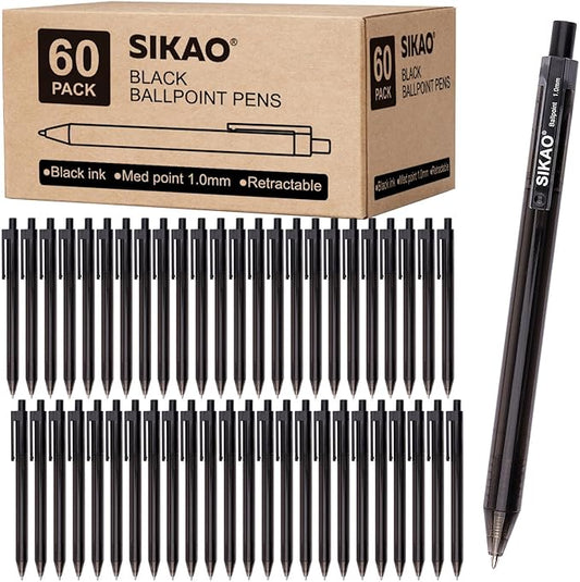 Pens Bulk, Black Pens, 60Pack Ballpoint Pens for Smooth Writing Pens No Smear, Black Ink Pens Medium Point 1.0mm, Retractable Pens, Click Pens, Ball Point Pens, Server Pens, School Office Supplies