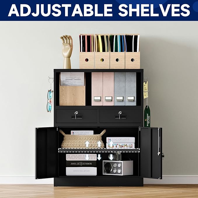 Yizosh Metal Storage Cabinet with 2 Drawers and Locking Doors,- 41.3" Steel Lockable Storage Cabinet with Shelves for Home Office,Garage,School (Black)