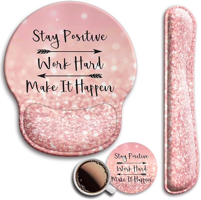 Mouse Pad and Keyboard Wrist Rest Support, with Non-Slip PU Base,Gel Mouse Pad with Coaster,Pain Relief for Gaming, Computer,Office -Pink Positive